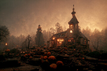 Naklejka premium Spooky Witch House in Autumn Mystical Village 3D Art Illustration. Creepy Mansion in the Middle of the Forest Halloween Horror Background. Mysterious Dwelling AI Neural Network Generated Art Wallpaper