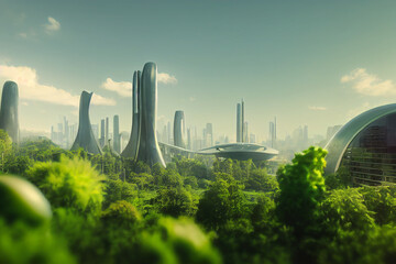 Sci-Fi Green Utopia Futuristic City Environmentalism Concept 3D Art Illustration. High Rise Sustainable Buildings in Green Ecological Metropolis Background. Environmental Protection AI Generated Art - obrazy, fototapety, plakaty