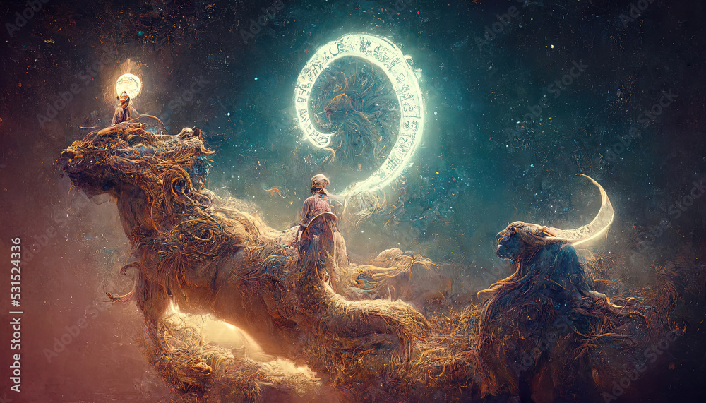Wall mural abstract fantasy neon space landscape. star nebulae, month and moon, mountains, fog. unreal fantasy 