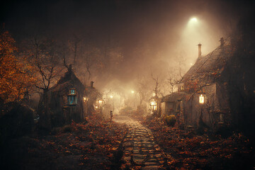 Naklejka premium Stone Path Between the Huts of a Spooky Mystical Village at Autumn Night 3D Art Illustration. Halloween Mysterious Ghost Land Fantasy Background. Witch House AI Neural Network Generated Art Wallpaper