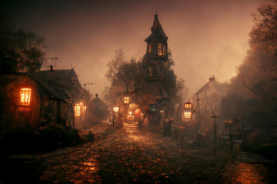 Mystical Autumn Night in the Old Ghost Village 3D Art Illustration. Small Old Town Creepy Misty Street with Lights and Weird Houses Halloween Background. AI Neural Network Generated Art Wallpaper
