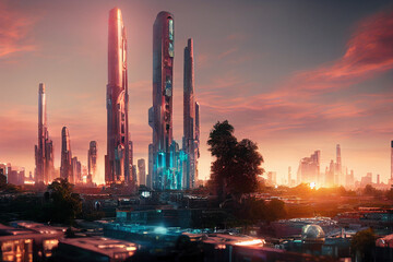 Evening Modern Sustainable City with Futuristic Architecture 3D Art Illustration. Science Fiction Future Life in Metropolis Scenery Background. AI Neural Network Generated Art Wallpaper