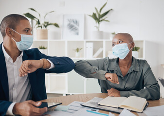 Covid face mask and business people in meeting with elbow greeting, teamwork and collaboration together in the workplace or office. Corporate workers with motivation planning strategy in corona virus - obrazy, fototapety, plakaty