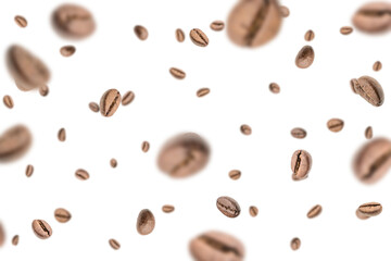 Coffee flying bean background. Black espresso grain falling. Rustic coffee bean fall on white background. Represent breakfast, energy, freshness or great aroma concept.