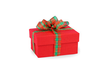 Red gift box with plaid bow isolated on white stock photo