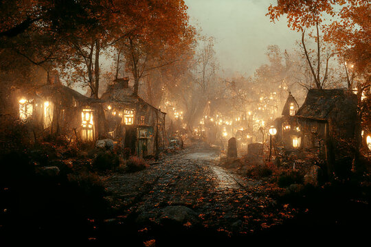 Misty Cemetery with Lights in Mystical Autumn Old Small Town 3D Art Fantasy Illustration. Spooky Huts in Ghost Village Mysterious Halloween Background. Ominous Witch Street in Oldtown AI Generated Art