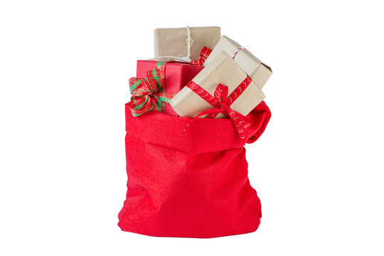 Santa Claus red bag with christmas presents isolated on white stock image
