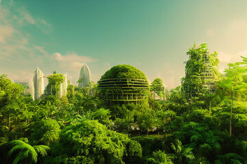 Environment Friendly Tropical Green Utopia City 3D Art Illustration. Green Ecologic Sustainable Plant Covered Buildings Modern Background. Sustainability Concept AI Neural Network Generated Art Work - obrazy, fototapety, plakaty