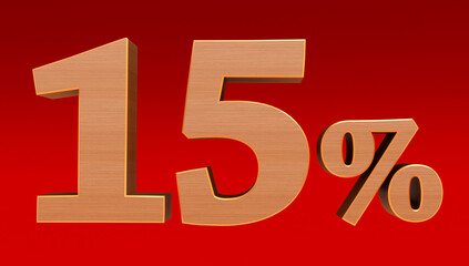 3D render of wooden fifteen percent on red background