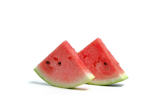 Two slices ripe red watermelon white background.