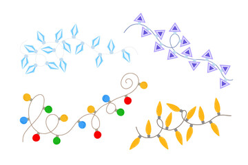 Christmas colorful multicolored lights curly string garland set simple doodle hand drawn vector illustration, flat style image for winter New Year holiday, birthday events design