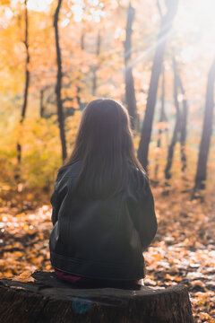 Child girl sits alone on a wooden stump while walking through the forest on an autumn day. Loneliness and melancholy concept.