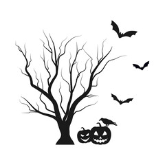 Halloween silhouette illustration with spooky tree, pumpkins and bats