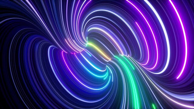 3d animation, abstract background, twisted shape with colorful neon lines and laser rays. Fantastic vortex of space and time strings glowing in the dark