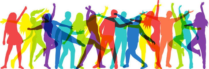 silhouette dancing crowd of people on white background