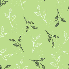 Hand drawn linear twigs with leaves seamless pattern