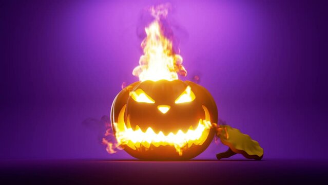 halloween 3d animation, burning pumpkin with scary face, jack lantern blows up, isolated on purple background