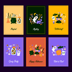 Halloween Sketch Trendy Posters. Vector Illustration of Mystery and Witch Greeting Cards.
