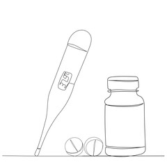 thermometer and pills sketch, one line drawing, vector
