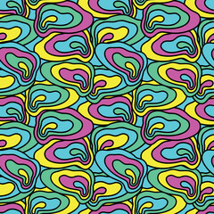 Psychedelic Groovy pattern with colorful abstract spots, streaks, blots in a trippy style.
