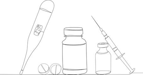 thermometer, medication, syringe sketch, one line drawing, vector