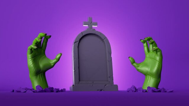 halloween 3d animation, zombie green hands with wiggling fingers in front of the blank gravestone, isolated on purple background