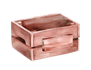 Wooden box. Hand drawn watercolor painting isolated on white background