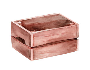 Wooden box. Hand drawn watercolor painting isolated on white background