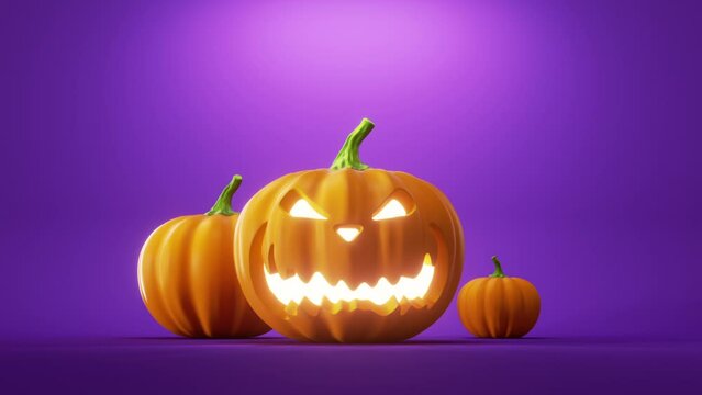 3d animation, halloween decoration, jumping and spinning pumpkin with scary face, jack lantern glowing with inner light, isolated on purple background