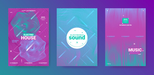 Edm Abstract Dj Flyer. Electro Sound Poster. Techno Party Cover. Vector 3d Background. Minimal Dj Flyer Set. Futuristic Fest Illustration. Gradient Distort Waves. Psychedelic Dj Flyer.