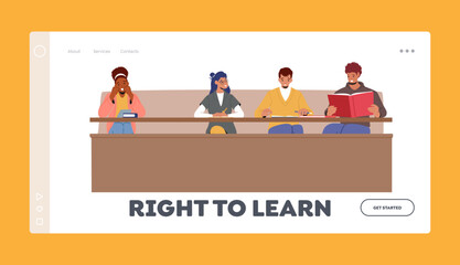 Characters Getting Education in High School Landing Page Template. Students Listening Lecture In University Or College
