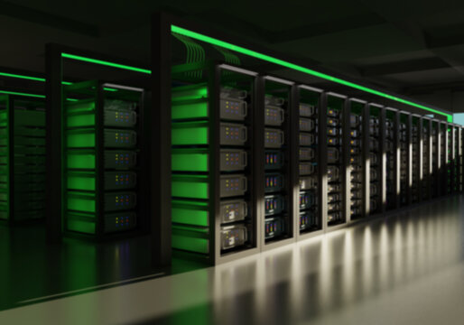 Equipment with server racks. Data center room without anyone. Visualization server hardware. Information storage and processing equipment. Concept selling server and network equipment. 3d image.