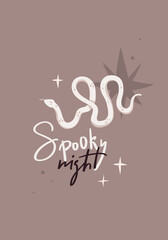 Halloween card with lettering Spooky night. White snake.