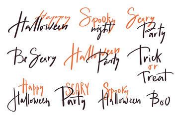 Lettering Happy Halloween set. Hand drawn signs. handwritten text.