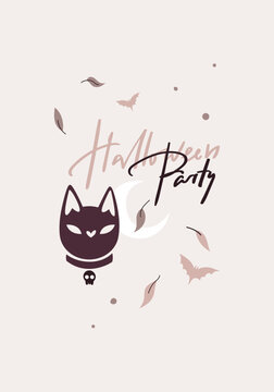 Halloween card with lettering Halloween party. Black mystic cat.