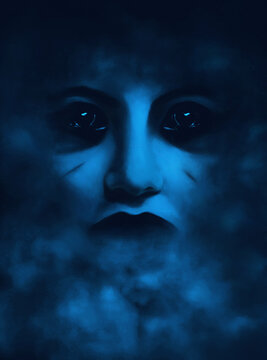 Mujer fantasma, rostro terror&iacute;fico, cara espeluznante, portada de libro de terror, mujer en la oscuridad
