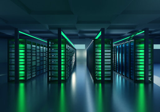 Network hardware. Internet hardware. Room with racks for network equipment. Concept of selling hosting hardware. Metal shelving glows neon. Technique for Internet network maintenance. 3d rendering.