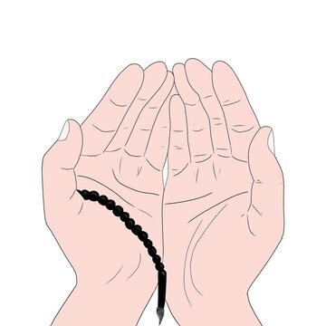 Two hands making Dua (Islamic prayer), also holding black tasbih. the illustration is on white background.