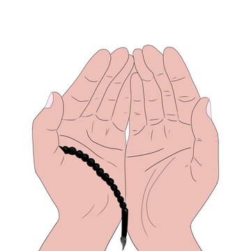 Two hands making Dua (Islamic prayer), also holding black tasbih. the illustration is on white background.