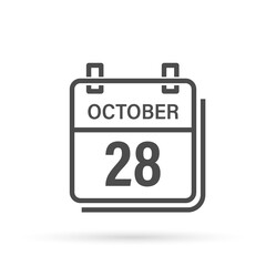 October 28, Calendar icon with shadow. Day, month. Flat vector illustration.