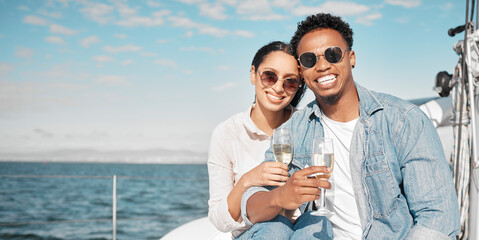 Couple with sunglasses on luxury yacht travel, champagne outdoor rich experience and ocean summer...