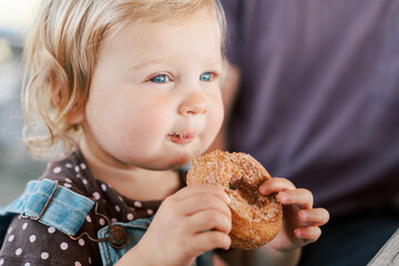 A cute toddler girl holding and eating a cinnamon sugar donut