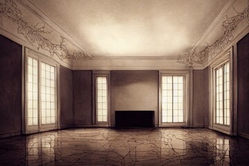 Abandoned mansion room decay 3d illustration render