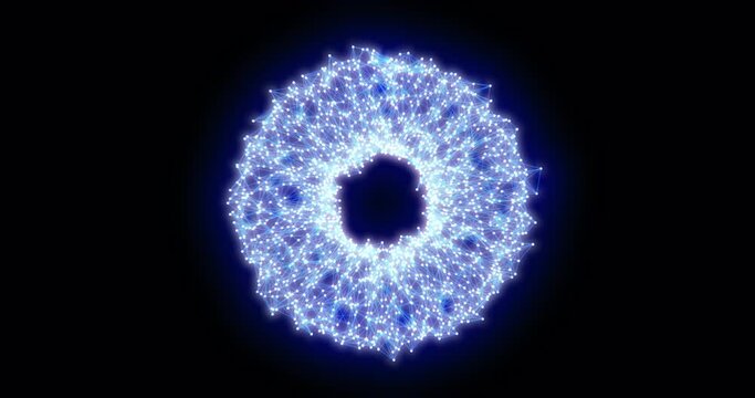 A spinning bright luminous blue unusual beautiful round donut ring made of digital triangles connected by lines triangulation background space dark in high resolution 4k abstract animation