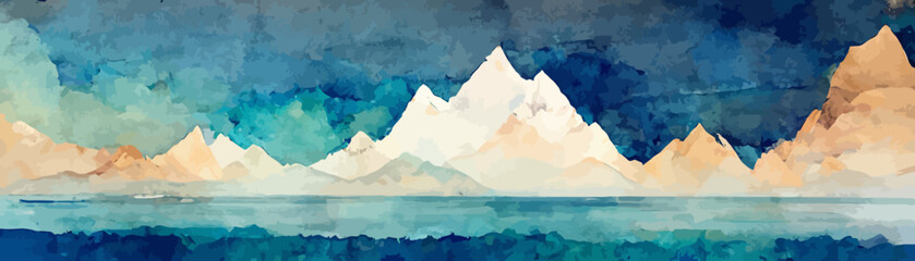 watercolor art background with mountains in blue color