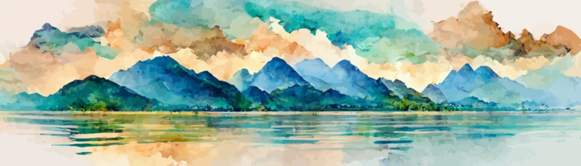 Fototapeten landscape background with mountains and hills in watercolor style © Oleksii