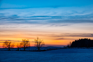 Obraz premium Windswept, Winter Farmland at Sunset in Adjala–Tosorontio, Ontario