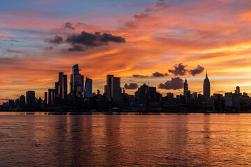 New York City Skyline, Hudson Yards and Empire State Building at Sunrise with Hudson River
