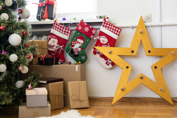 Merry Christmas and Happy Holidays greeting card, frame, banner. New Year. Christmas handmade gift boxes on white background.