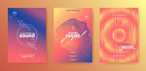 3d Techno Sound Flyer. Geometric Festiv Banner. Gradient Distort Lines. Techno Sound Flyer Set. Electronic Party Cover. Music Dance Poster. Vector Dj Background. Abstract Techno Sound Flyers. - 531534794